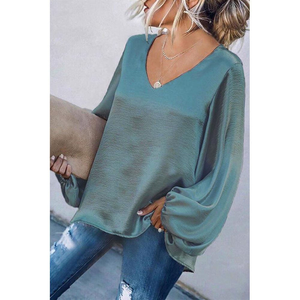 Women'S Long-Sleeved Loose V-Neck Solid Color Top T-Shirt