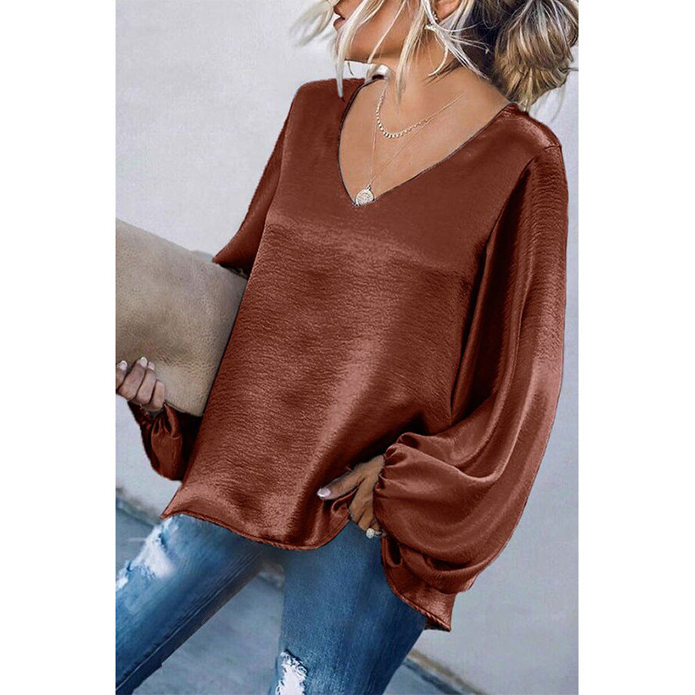 Women'S Long-Sleeved Loose V-Neck Solid Color Top T-Shirt