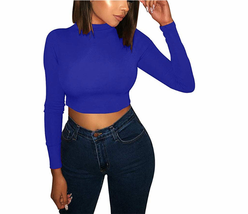 Half high collar long sleeve short cropped T-shirt