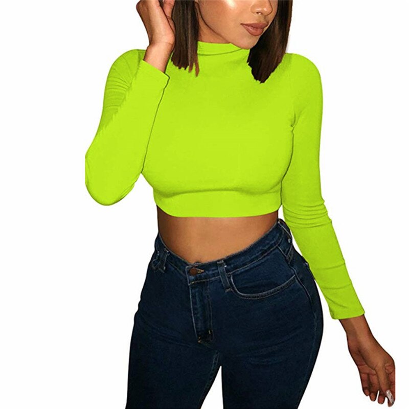 Half high collar long sleeve short cropped T-shirt