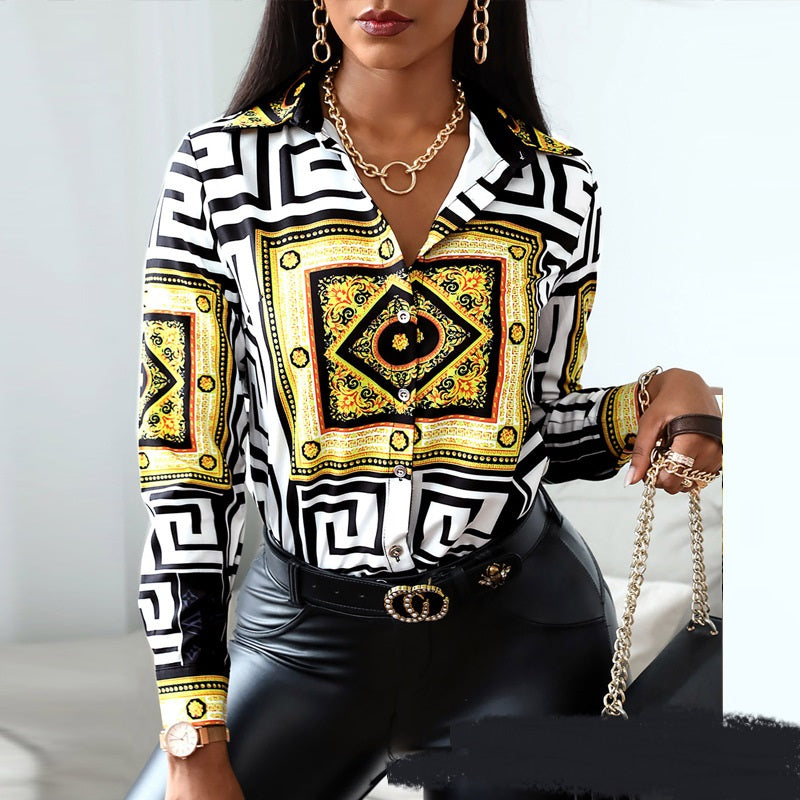 European And American Long-sleeved Printed Color-blocking Button Shirt