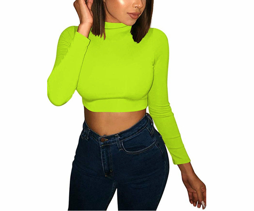 Half high collar long sleeve short cropped T-shirt