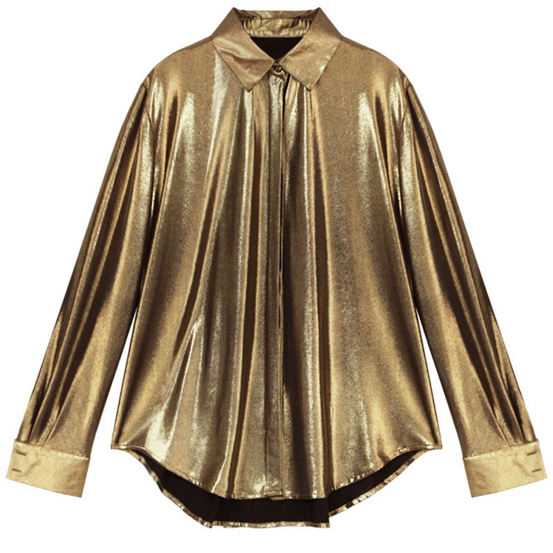 Women's Spring And Autumn Retro  Design Sensual Loose Gold Long-sleeved Shirt