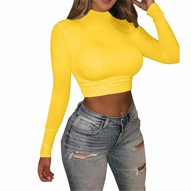 Half high collar long sleeve short cropped T-shirt