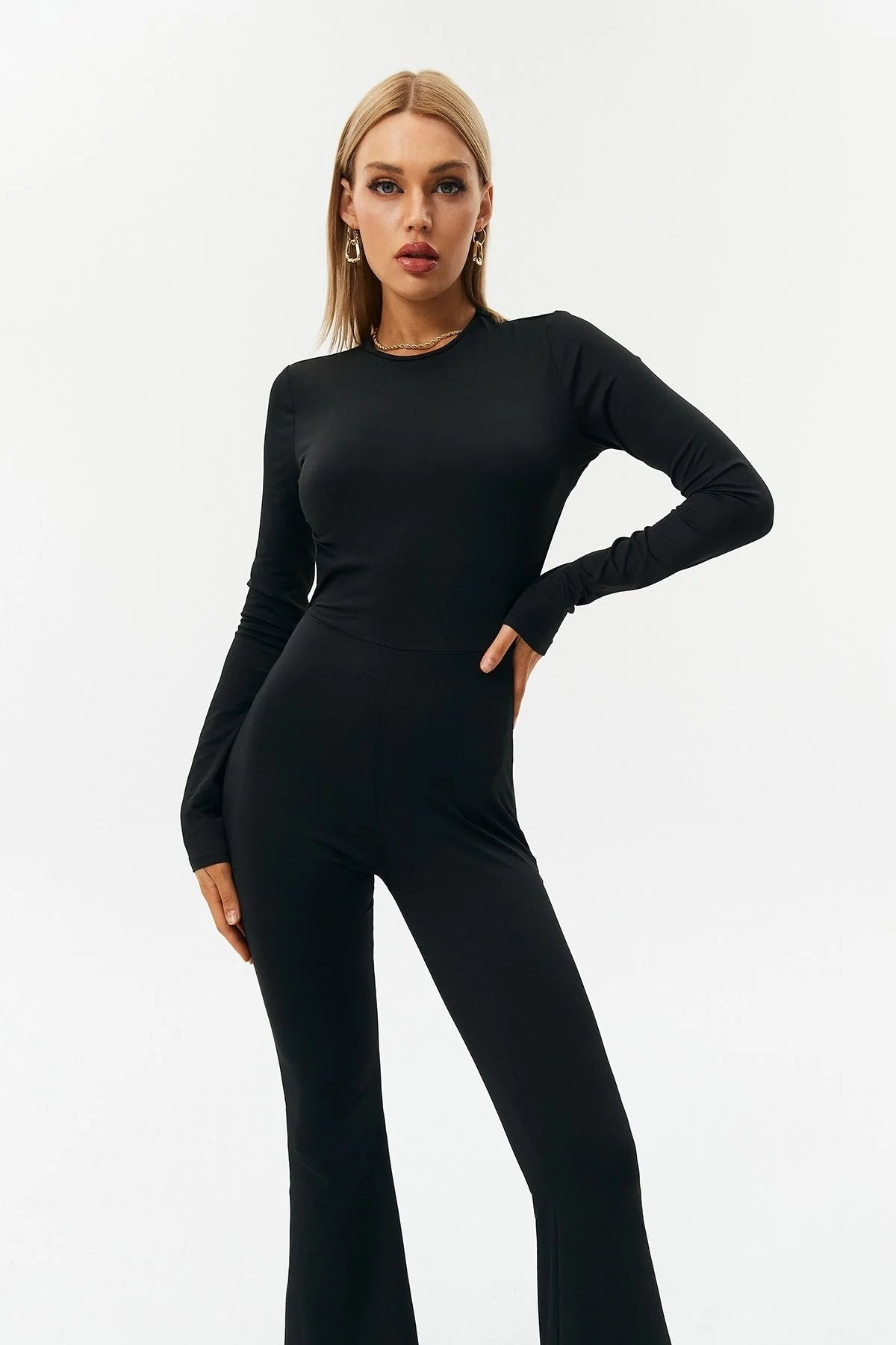 Long-sleeved Open-back Slim-fit Straight-leg Jumpsuit