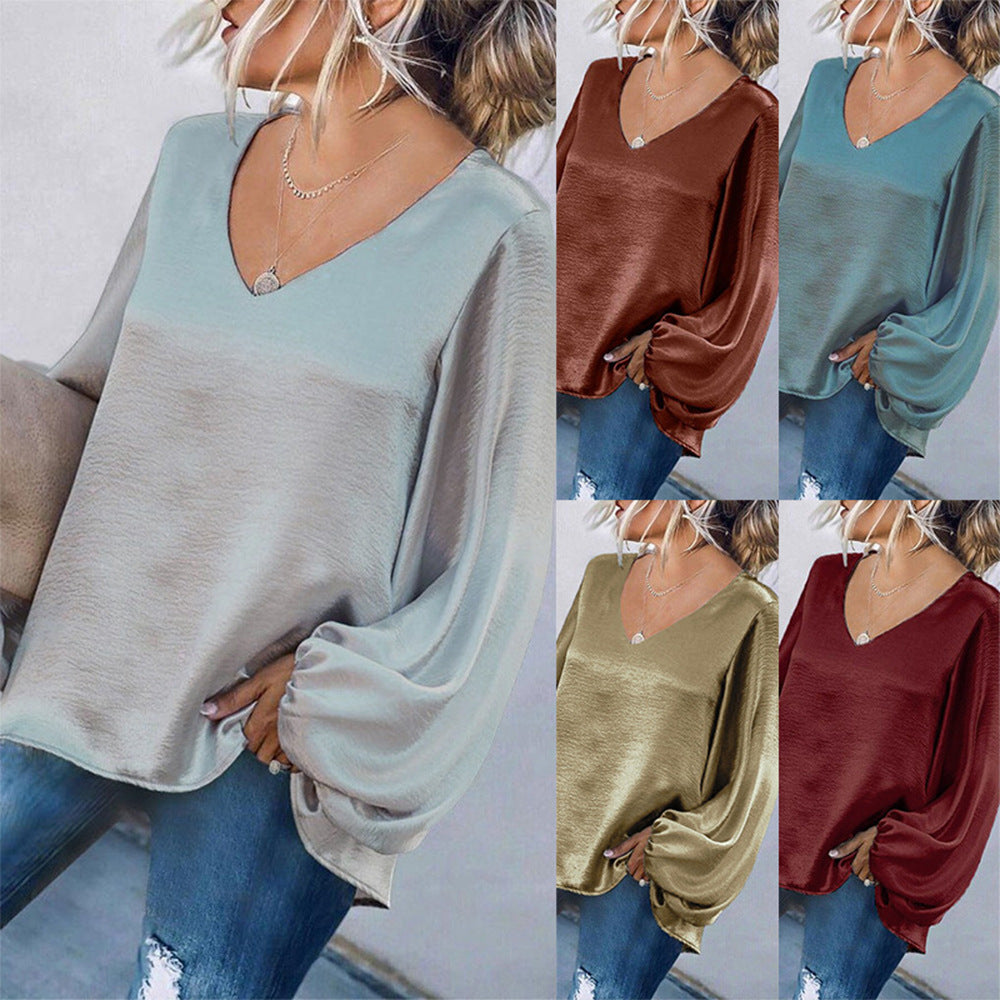 Women'S Long-Sleeved Loose V-Neck Solid Color Top T-Shirt