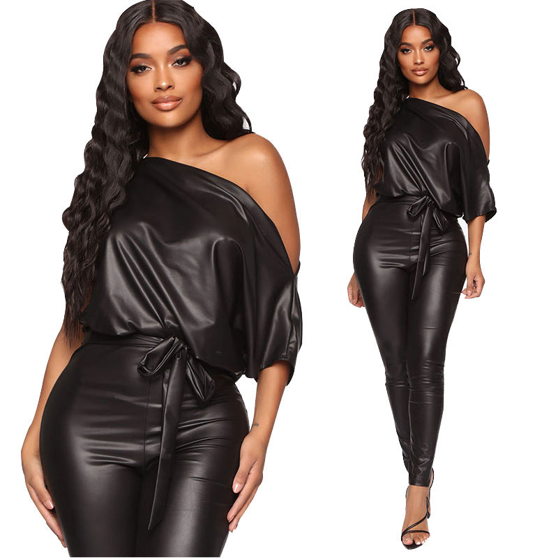 strapless leather jumpsuit