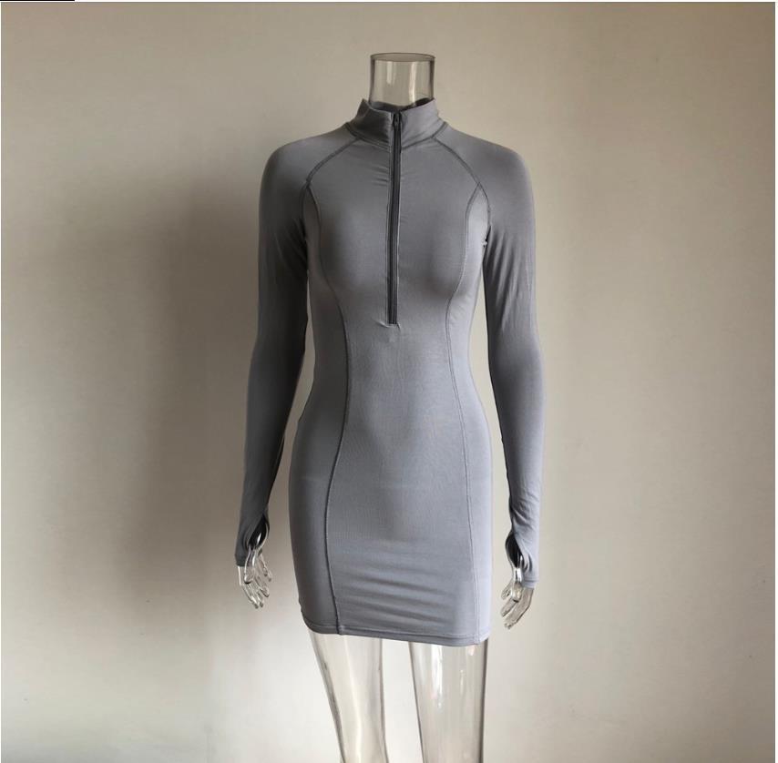 Tight stretch elastic collar zipper long sleeve dress