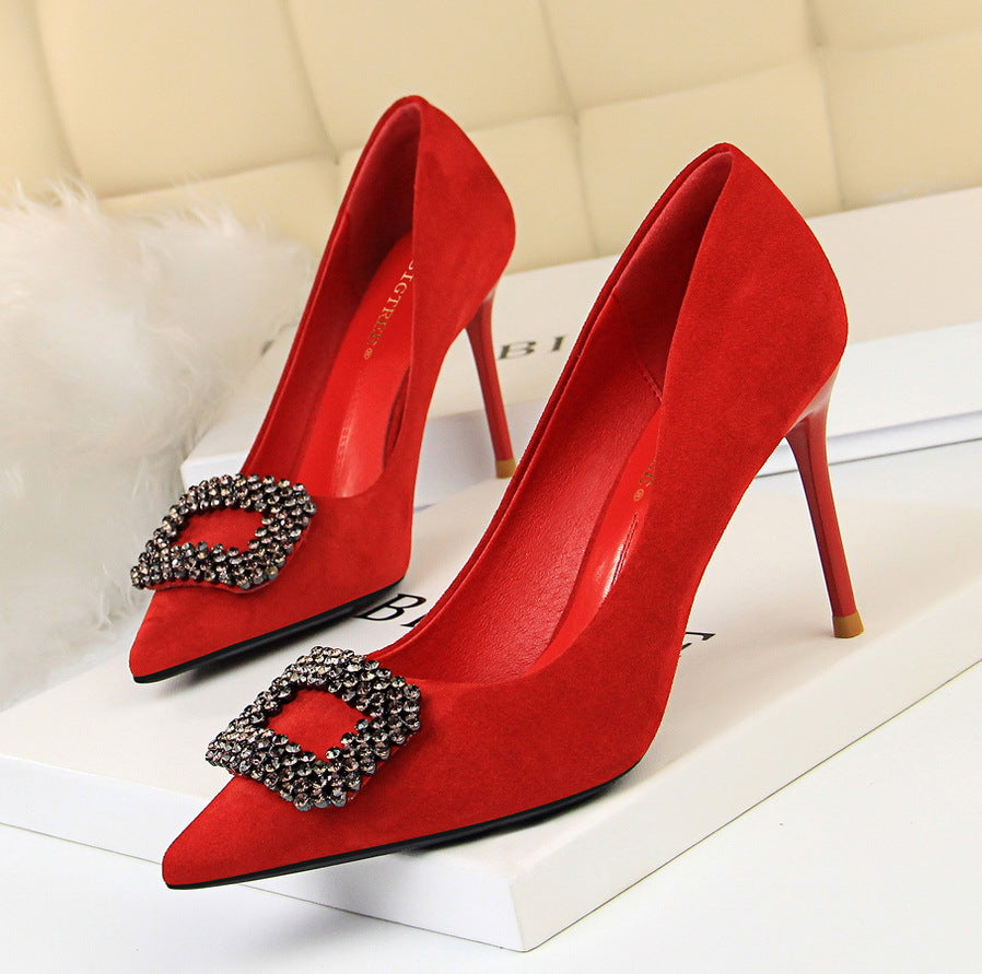 Pointed Rhinestone & Suede High Heels