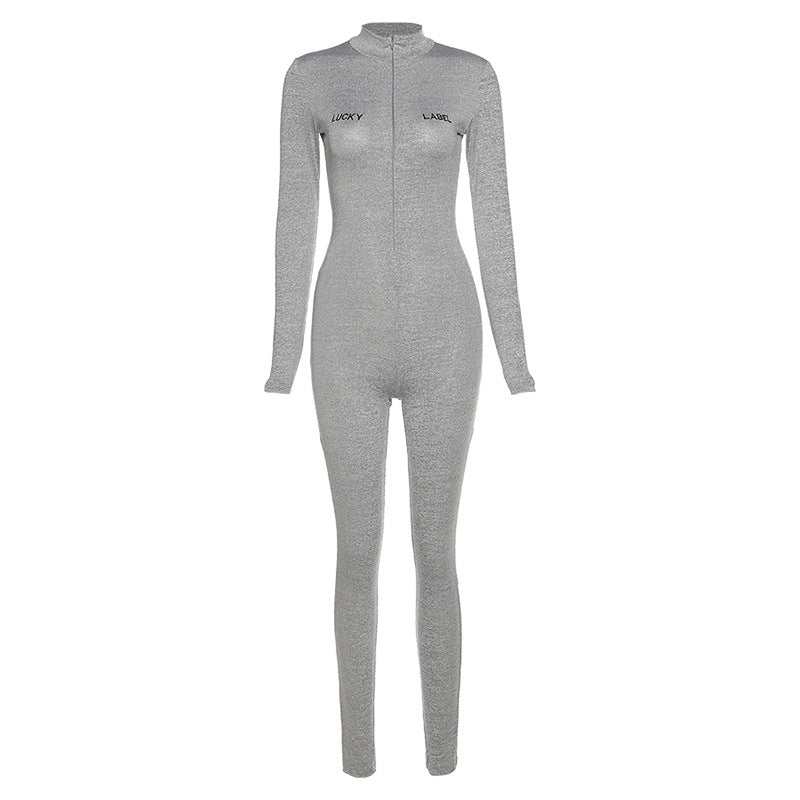 Embroidered Tight-Fitting Sports Jumpsuit