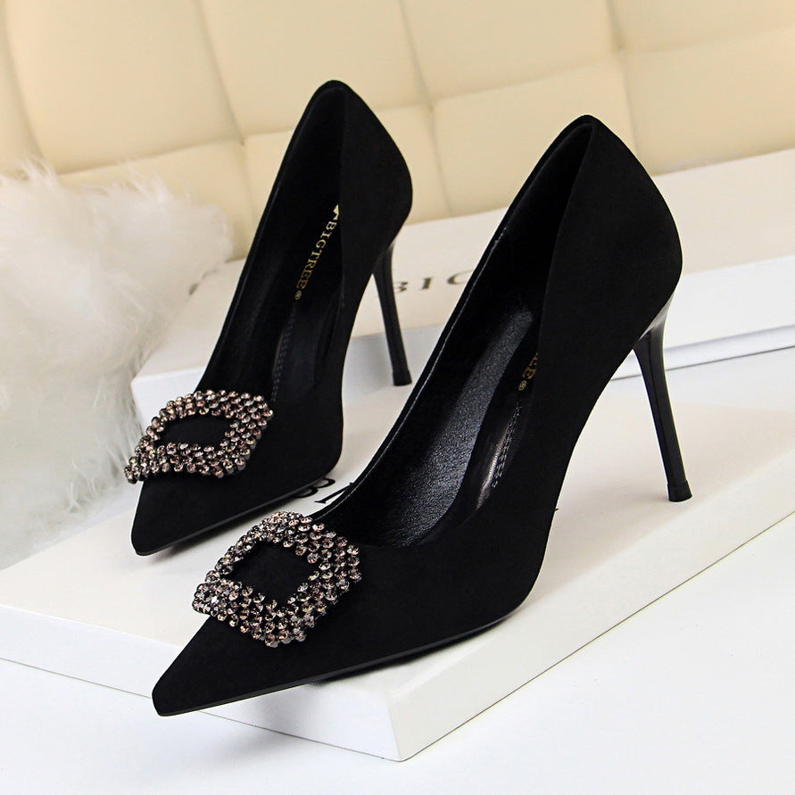 Pointed Rhinestone & Suede High Heels