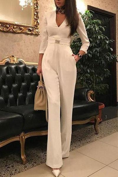 White Deep V-Neck Jumpsuit