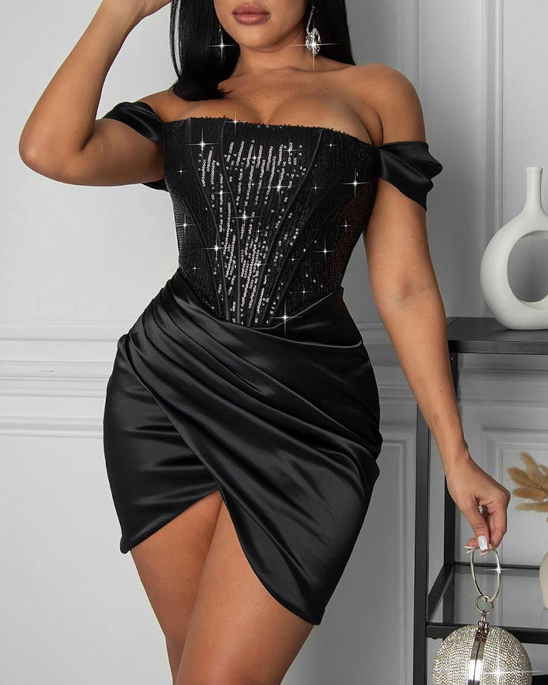 Off-the-Shoulder Black Sequin Mini Dress