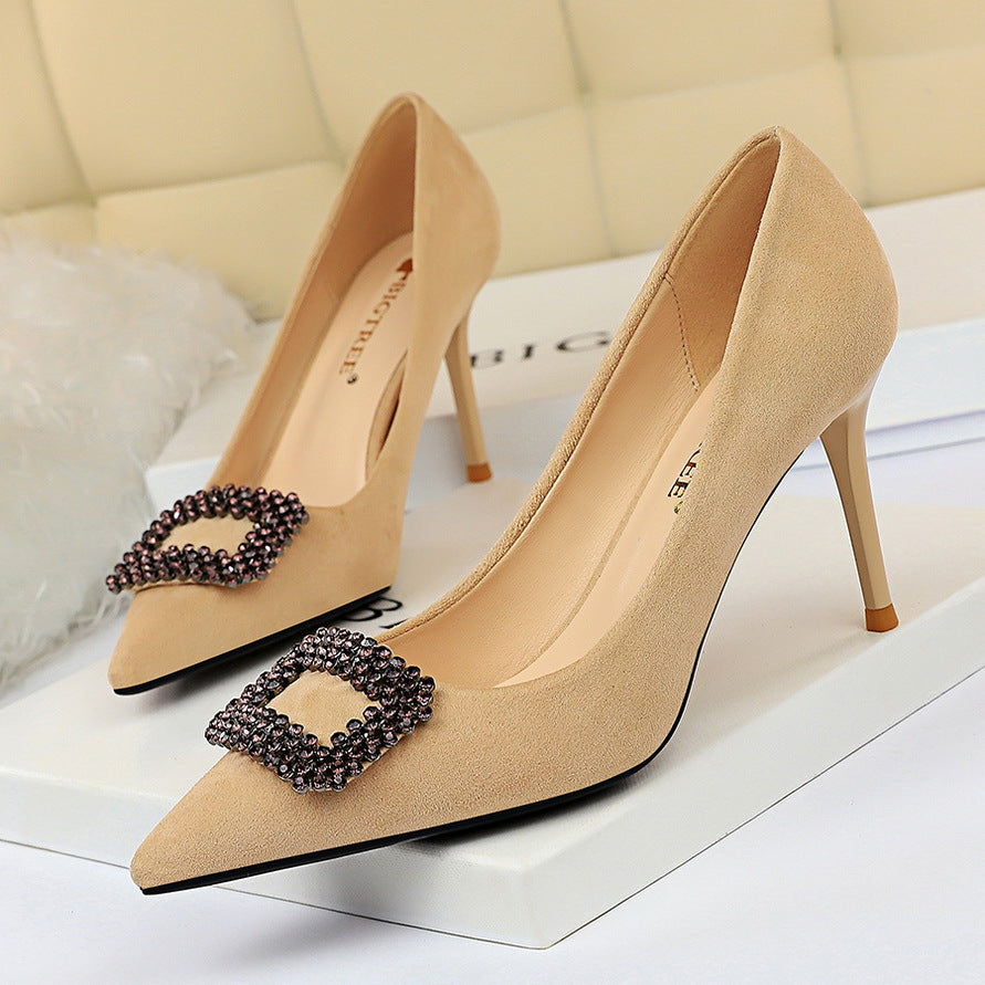 Pointed Rhinestone & Suede High Heels