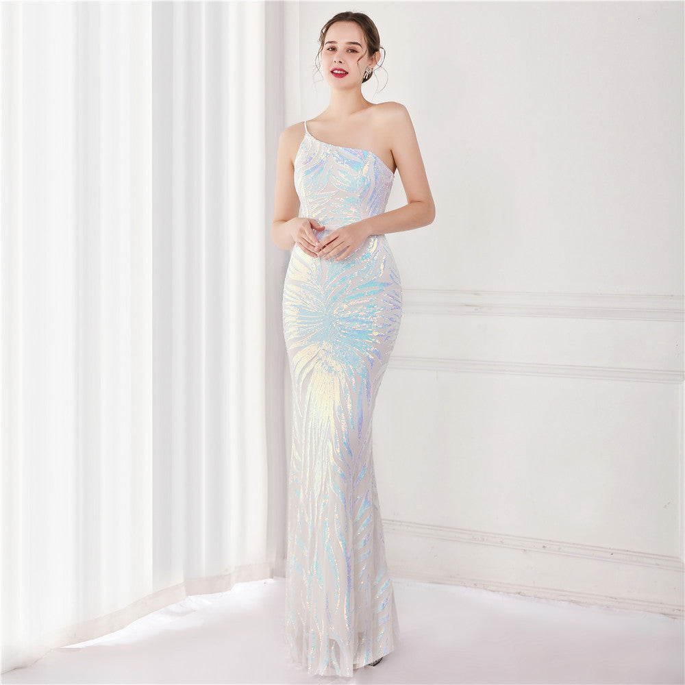 One-Shoulder Sequin Evening Dress