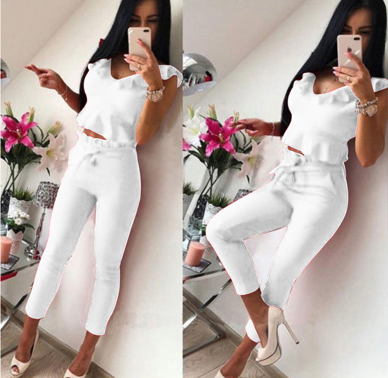 Ruffled Sleeveless Tops Solid Color Pants Two-piece Women