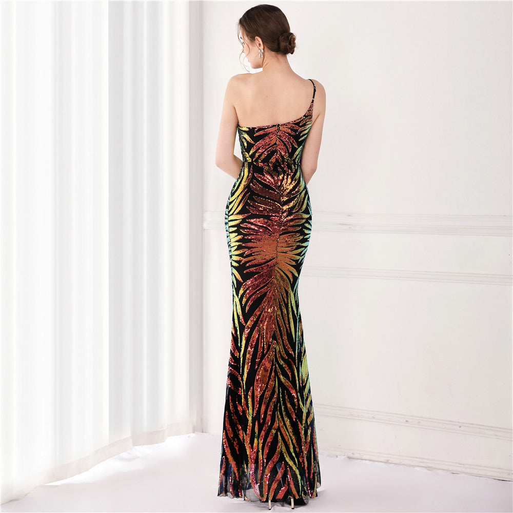 One-Shoulder Sequin Evening Dress