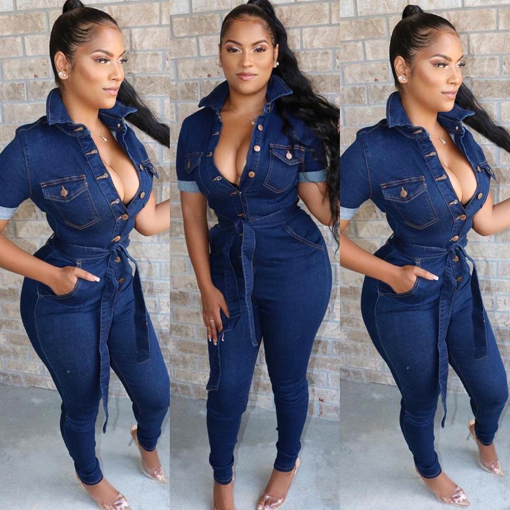 Tight Belted Denim Jumpsuit