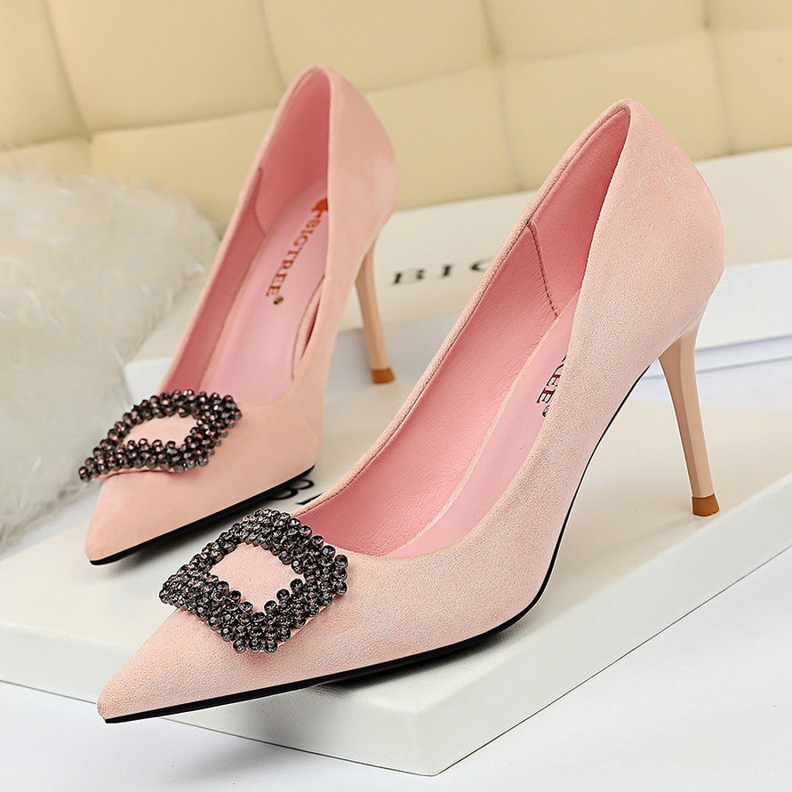 Pointed Rhinestone & Suede High Heels