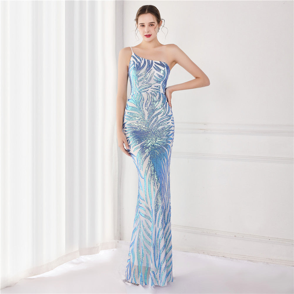 One-Shoulder Sequin Evening Dress