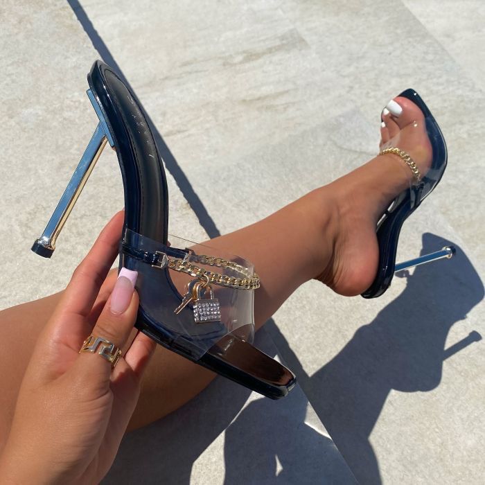 Clear Square Toe Chain Mule Heels