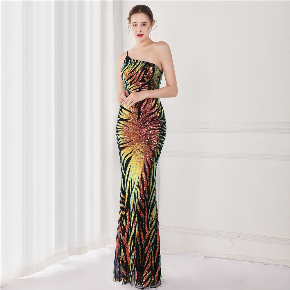 One-Shoulder Sequin Evening Dress